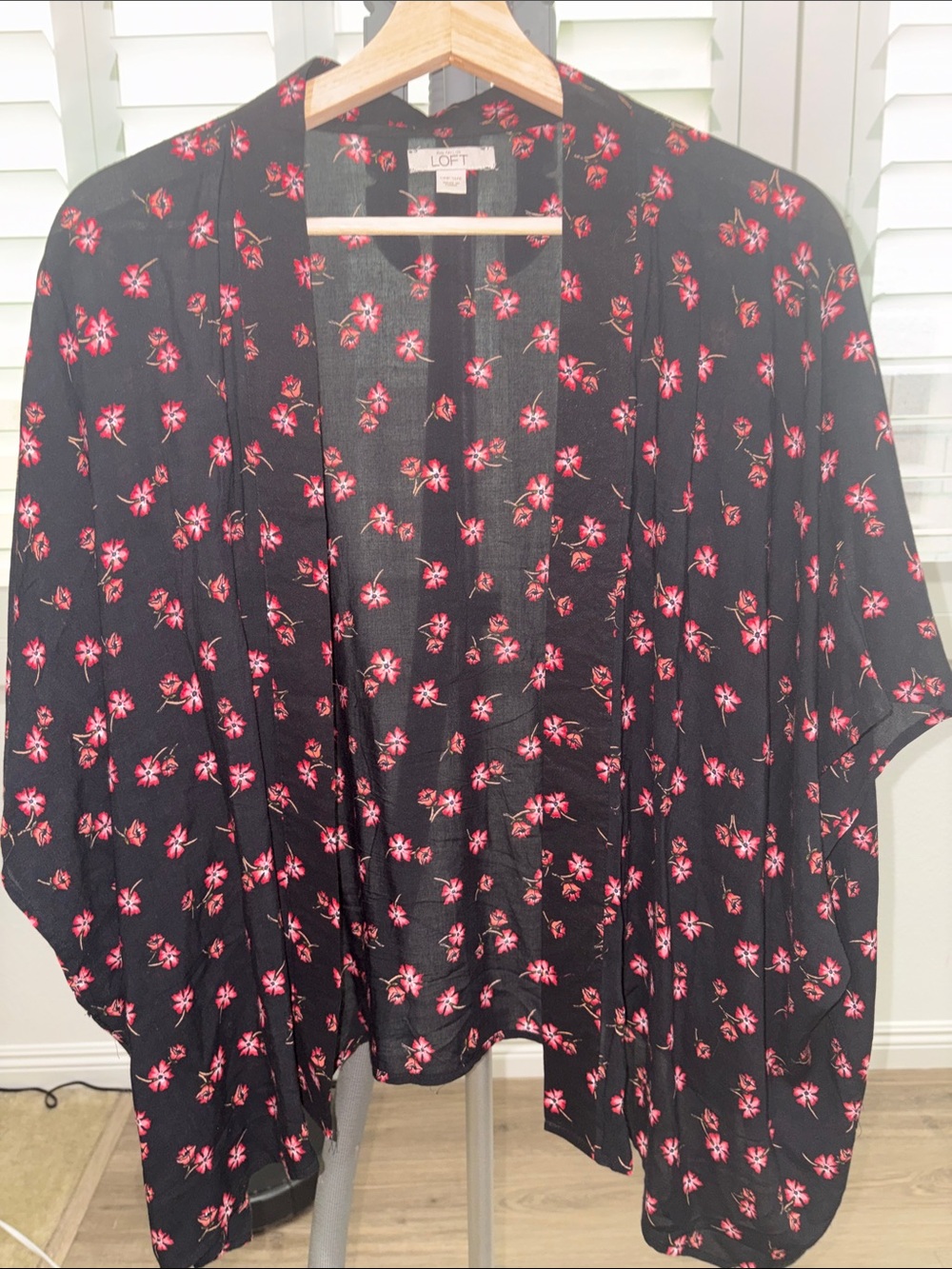 LOFT Black Open-Front Kimono with Pink Floral Print